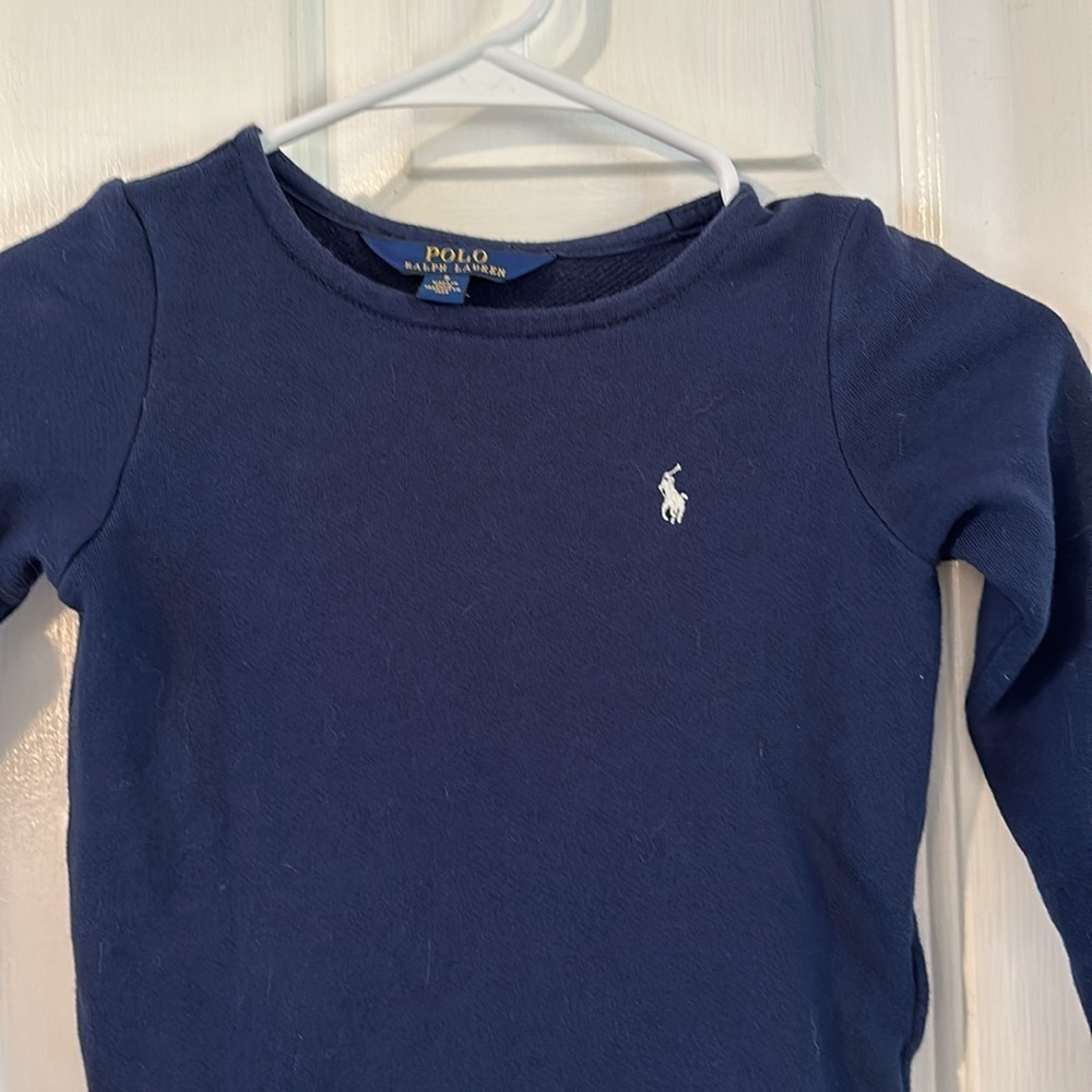 Girl’s Polo Ralph Lauren Blue Long Sleeve Sweatshirt with Plaid Ruffle Bottom - Picture 2 of 6